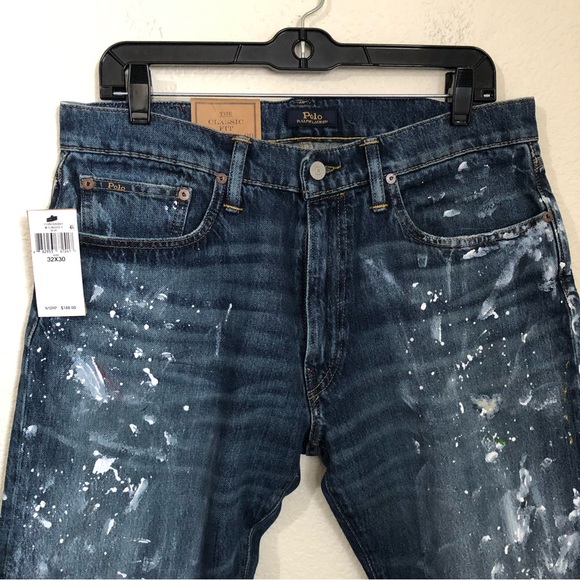 POLO RALPH LAUREN Mens 32x30 The Classic Fit Jeans Whiskered Paint Splash NWT - Picture 3 of 15
